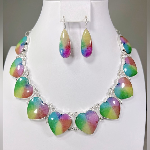Jewelry - Beautiful 🌈💗 925 Rainbow Solar Quartz Hearts Large Gemstone Necklace Earrings
